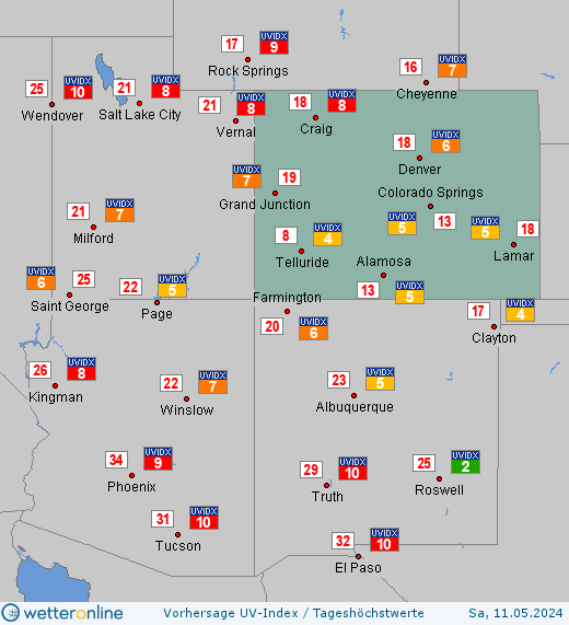 Colorado: UV-Index-Vorhersage für Freitag, den 29.03.2024