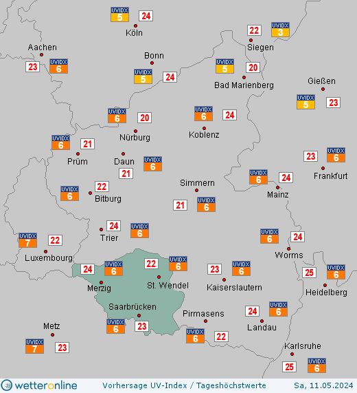 Saarland: UV-Index-Vorhersage für Freitag, den 29.03.2024