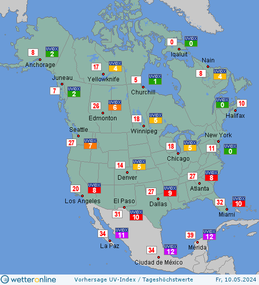 Nordamerika: UV-Index-Vorhersage für Freitag, den 29.03.2024