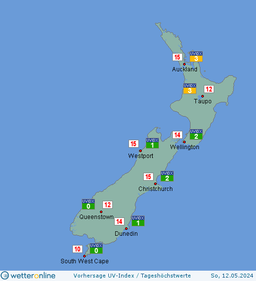 Neuseeland: UV-Index-Vorhersage für Samstag, den 30.03.2024