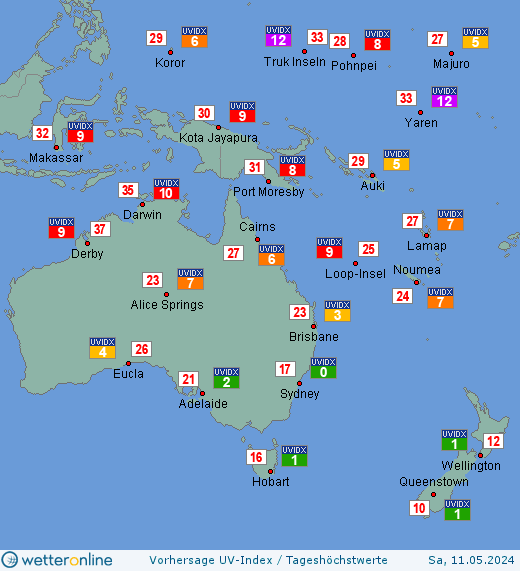 Ozeanien: UV-Index-Vorhersage für Samstag, den 30.03.2024