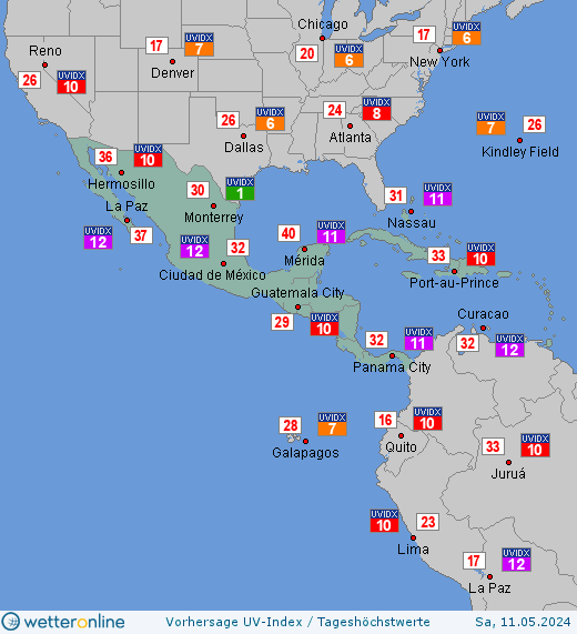 Mittelamerika: UV-Index-Vorhersage für Mittwoch, den 17.04.2024
