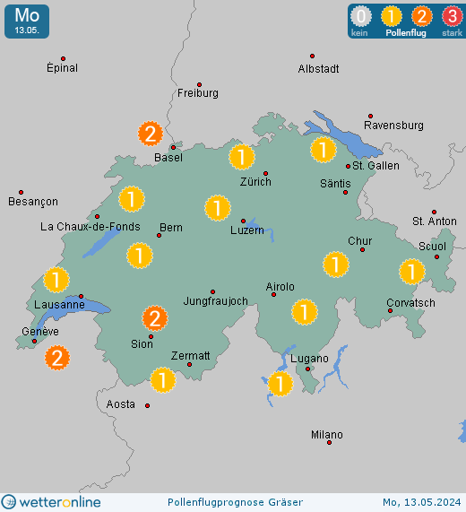 Schweiz: Pollenflugvorhersage Gräser für Freitag, den 19.04.2024