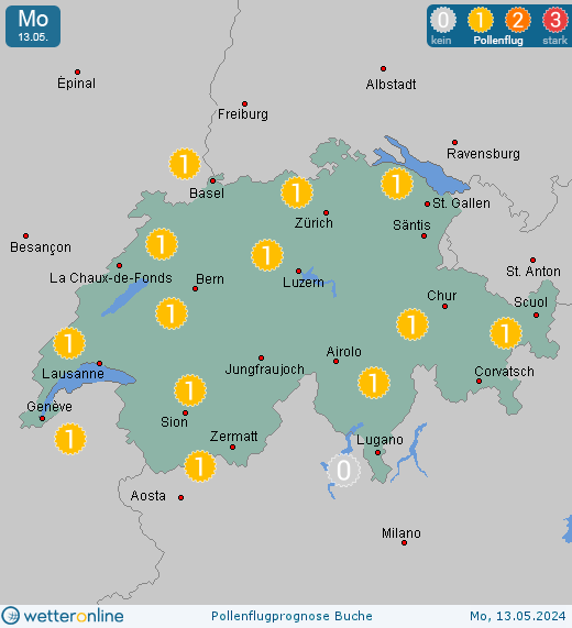 Schweiz: Pollenflugvorhersage Buche für Samstag, den 20.04.2024