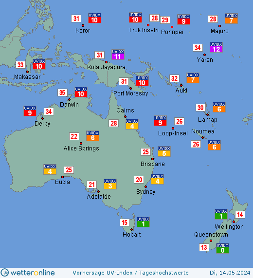 Ozeanien: UV-Index-Vorhersage für Sonntag, den 21.04.2024