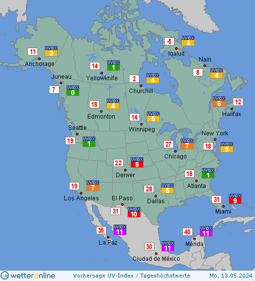 Nordamerika: UV-Index-Vorhersage für Dienstag, den 23.04.2024