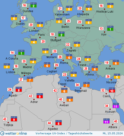 Südeuropa: UV-Index-Vorhersage für Donnerstag, den 25.04.2024