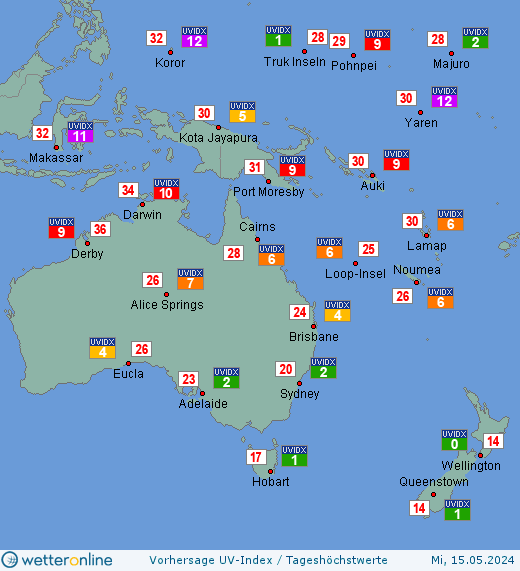 Ozeanien: UV-Index-Vorhersage für Donnerstag, den 25.04.2024