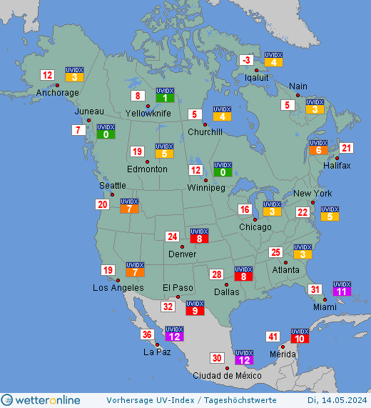 Nordamerika: UV-Index-Vorhersage für Donnerstag, den 25.04.2024