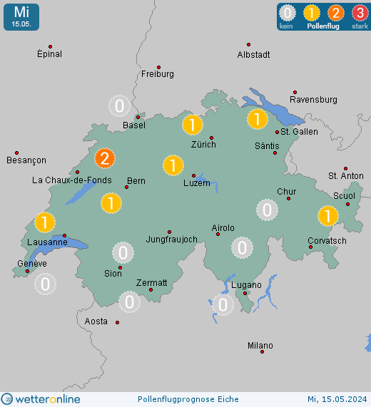 Schweiz: Pollenflugvorhersage Eiche für Freitag, den 26.04.2024