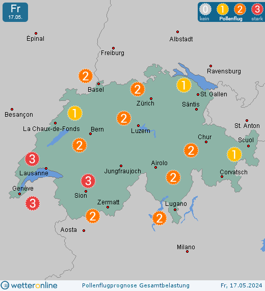 Schweiz: Pollenflugvorhersage Gesamtbelastung für Samstag, den 27.04.2024