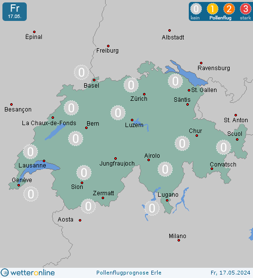 St. Moritz: Pollenflugvorhersage Erle für Samstag, den 27.04.2024