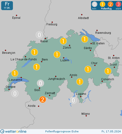 St. Moritz: Pollenflugvorhersage Eiche für Samstag, den 27.04.2024