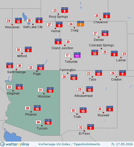 Arizona: UV-Index-Vorhersage für Samstag, den 27.04.2024