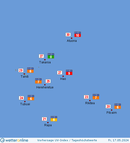 Französisch-Polynesien: UV-Index-Vorhersage für Samstag, den 27.04.2024