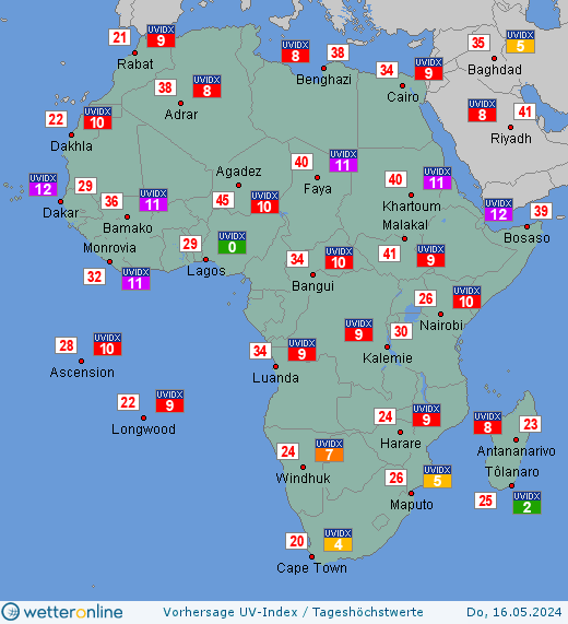 Afrika: UV-Index-Vorhersage für Samstag, den 27.04.2024