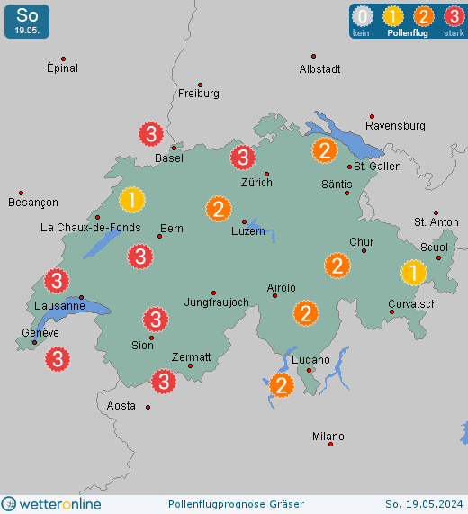 Appenzell (in 900m): Pollenflugvorhersage Gräser für Sonntag, den 28.04.2024