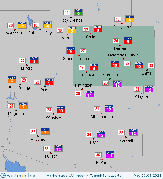 Colorado: UV-Index-Vorhersage für Sonntag, den 28.04.2024