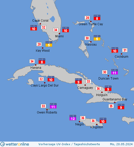 Caymaninseln: UV-Index-Vorhersage für Sonntag, den 28.04.2024