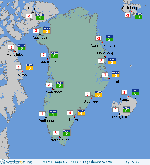 Grönland: UV-Index-Vorhersage für Sonntag, den 28.04.2024