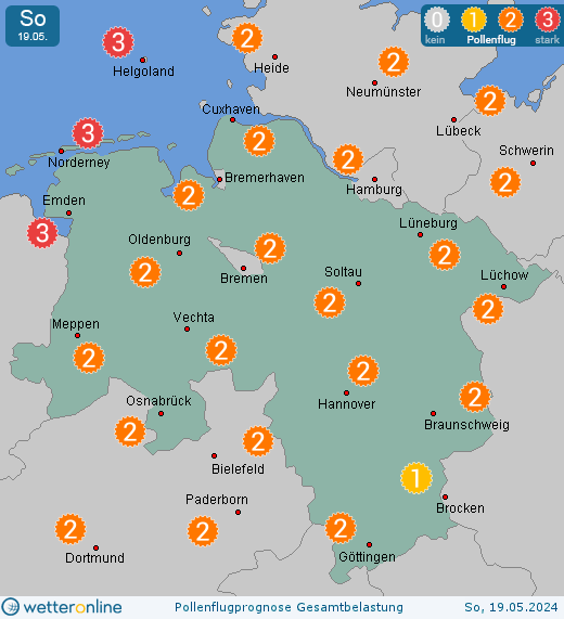 Niedersachsen: Pollenflugvorhersage Gesamtbelastung für Sonntag, den 28.04.2024