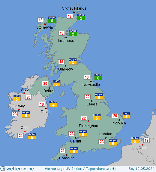 Vereinigtes Königreich: UV-Index-Vorhersage für Sonntag, den 28.04.2024