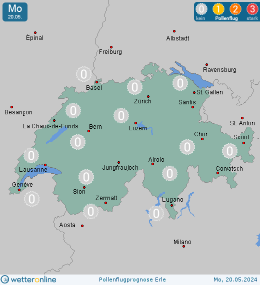 Schweiz: Pollenflugvorhersage Erle für Montag, den 29.04.2024