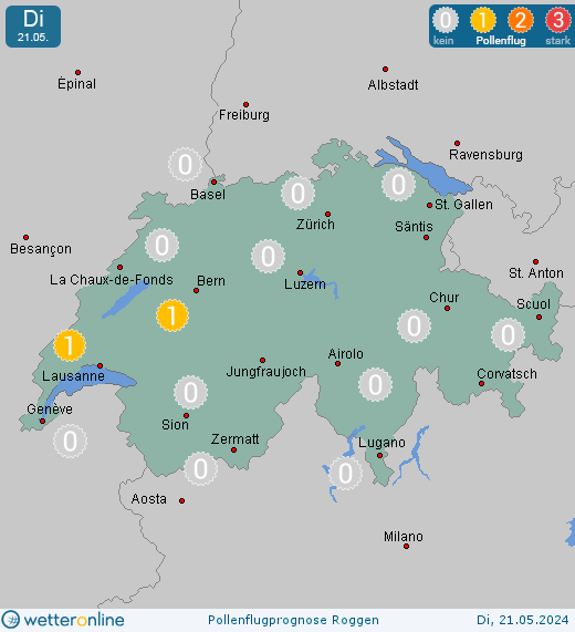 Saas-Fee (in 1800m): Pollenflugvorhersage Roggen für Montag, den 29.04.2024