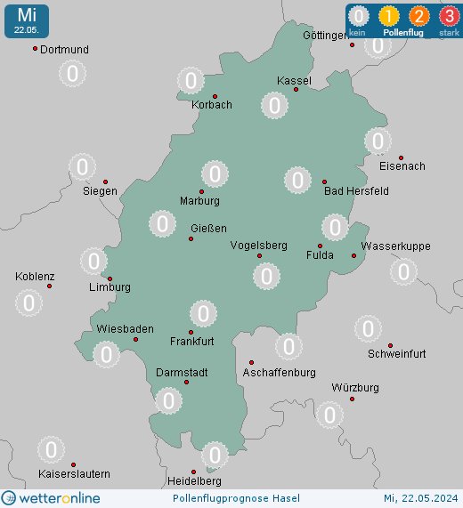 Kassel: Pollenflugvorhersage Hasel für Montag, den 29.04.2024