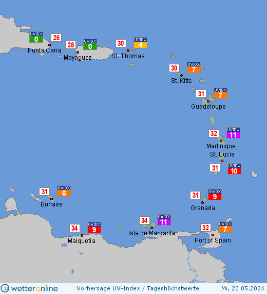 Kleine Antillen: UV-Index-Vorhersage für Montag, den 29.04.2024