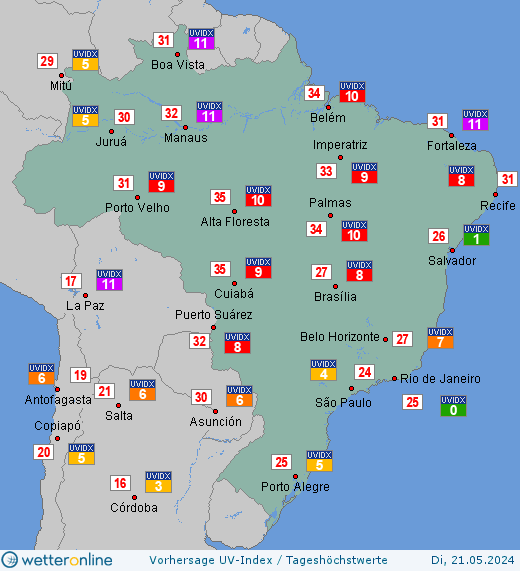 Brasilien: UV-Index-Vorhersage für Montag, den 29.04.2024
