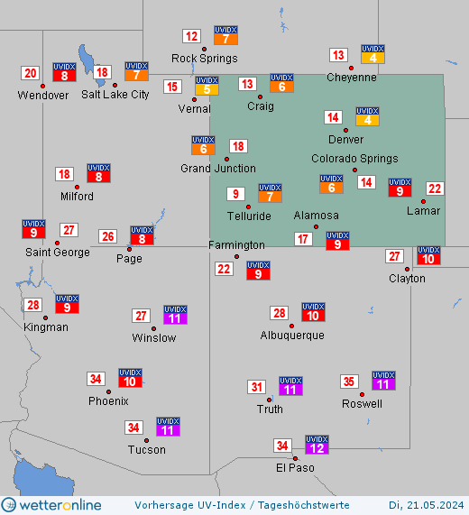 Colorado: UV-Index-Vorhersage für Montag, den 29.04.2024