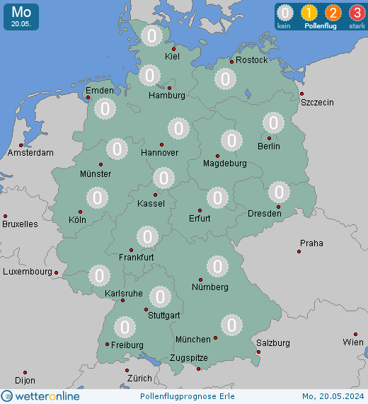 Deutschland: Pollenflugvorhersage Erle für Montag, den 29.04.2024