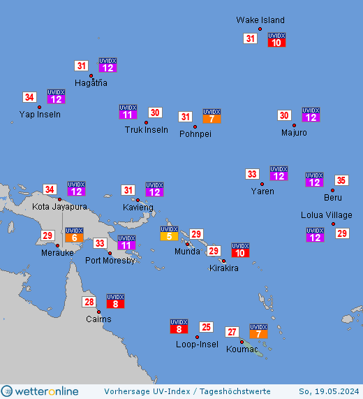 Neu-Kaledonien: UV-Index-Vorhersage für Montag, den 29.04.2024