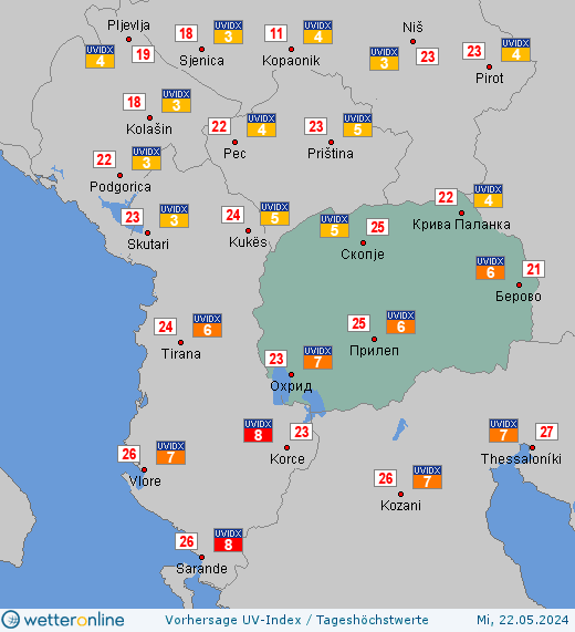 Nordmazedonien: UV-Index-Vorhersage für Montag, den 29.04.2024
