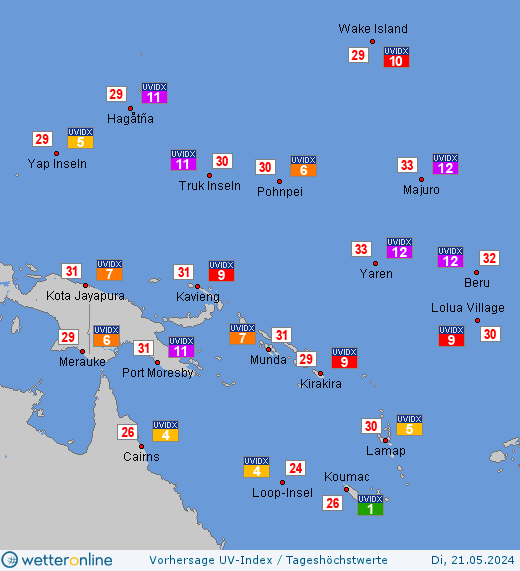 Marshallinseln: UV-Index-Vorhersage für Montag, den 29.04.2024