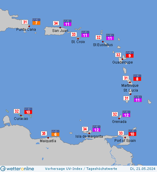 Niederländische Antillen: UV-Index-Vorhersage für Montag, den 29.04.2024
