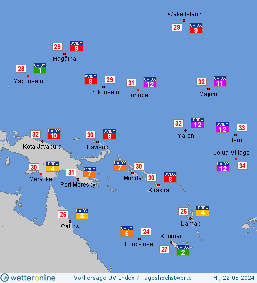 Nauru: UV-Index-Vorhersage für Montag, den 29.04.2024