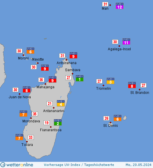 Seychellen: UV-Index-Vorhersage für Montag, den 29.04.2024