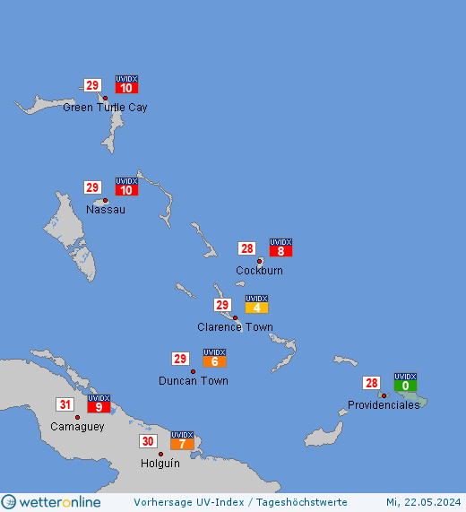 Turks- und Caicosinseln: UV-Index-Vorhersage für Montag, den 29.04.2024