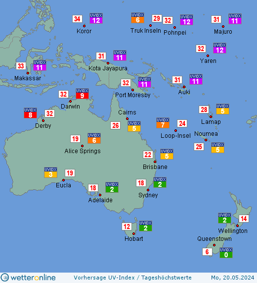 Ozeanien: UV-Index-Vorhersage für Montag, den 29.04.2024