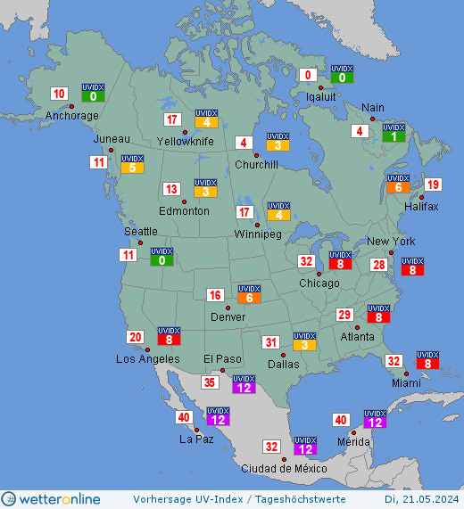 Nordamerika: UV-Index-Vorhersage für Montag, den 29.04.2024