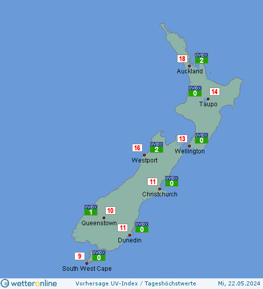 Neuseeland: UV-Index-Vorhersage für Dienstag, den 30.04.2024
