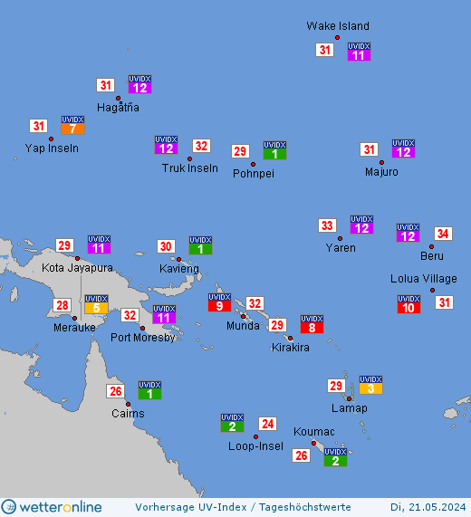 Vanuatu: UV-Index-Vorhersage für Dienstag, den 30.04.2024