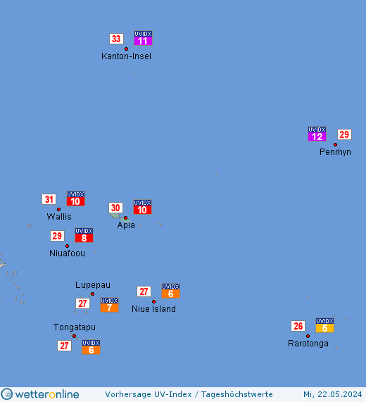 Samoa: UV-Index-Vorhersage für Dienstag, den 30.04.2024
