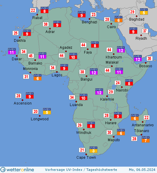 Afrika: UV-Index-Vorhersage für Dienstag, den 17.05.2022