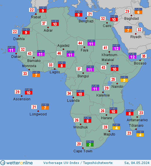 Afrika: UV-Index-Vorhersage für Dienstag, den 09.08.2022