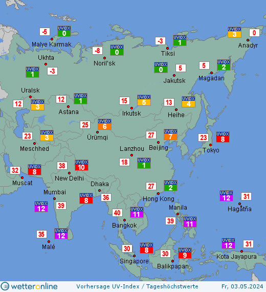 Asien: UV-Index-Vorhersage für Sonntag, den 02.10.2022