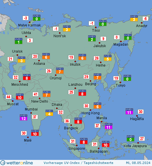 Asien: UV-Index-Vorhersage für Donnerstag, den 01.06.2023