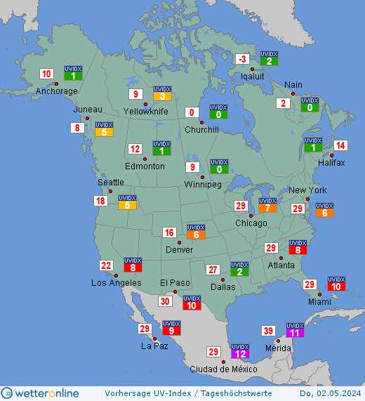Nordamerika: UV-Index-Vorhersage für Donnerstag, den 01.06.2023